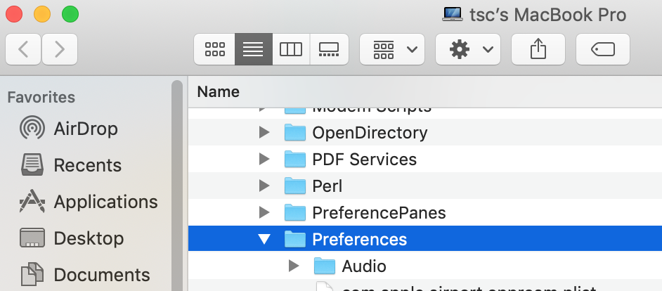 screenshot of a finder window in macos showing navigation to application preferences within the library folder in macintosh hardrive
