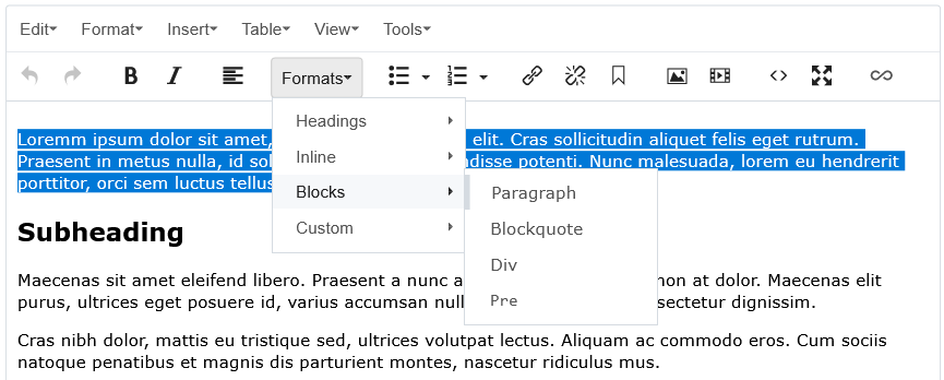 Screenshot showing the blockquote option in the Cascade WYSIWYG editor