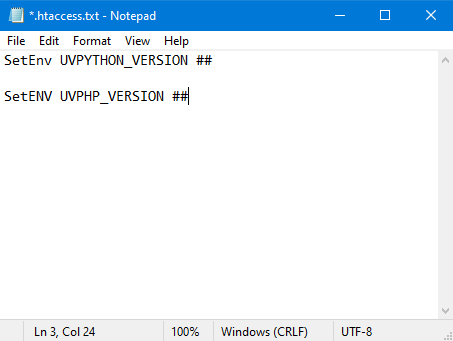 screenshot of a notepad txt file with the PHP and Python version info entered