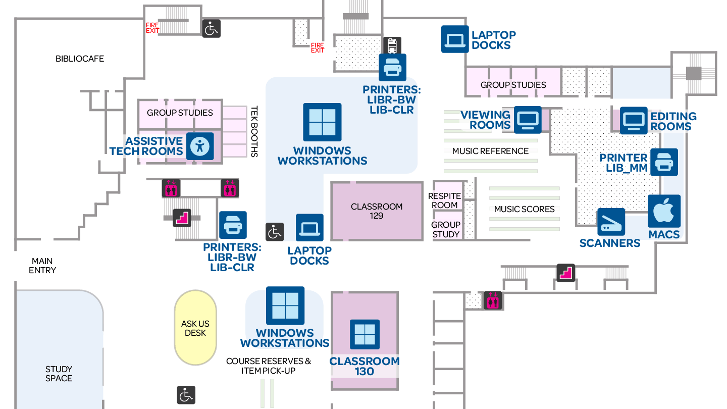 Floor plan of the Mearns-McPherson main floor with computers, printers, scanners and laptop docks marked
