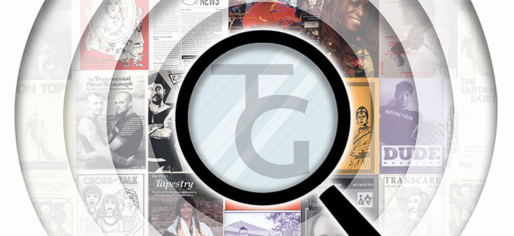 magnifying glass focusing on the covers of Trans+ publications