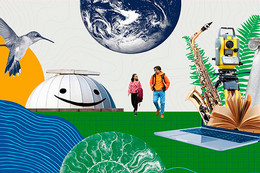 stylized graphic showing 2 students walking on a green surface surrounded by graphic elements like the earth, an observatory, musical instruments, surveying equipment, book and laptop. 