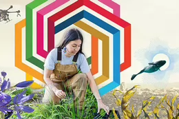 A young woman wearing brown overalls and a light blue shirt is crouching and tending to green plants. Behind her is a colorful, geometric hexagonal pattern with multiple layers in red, green, blue, pink, orange, and yellow.