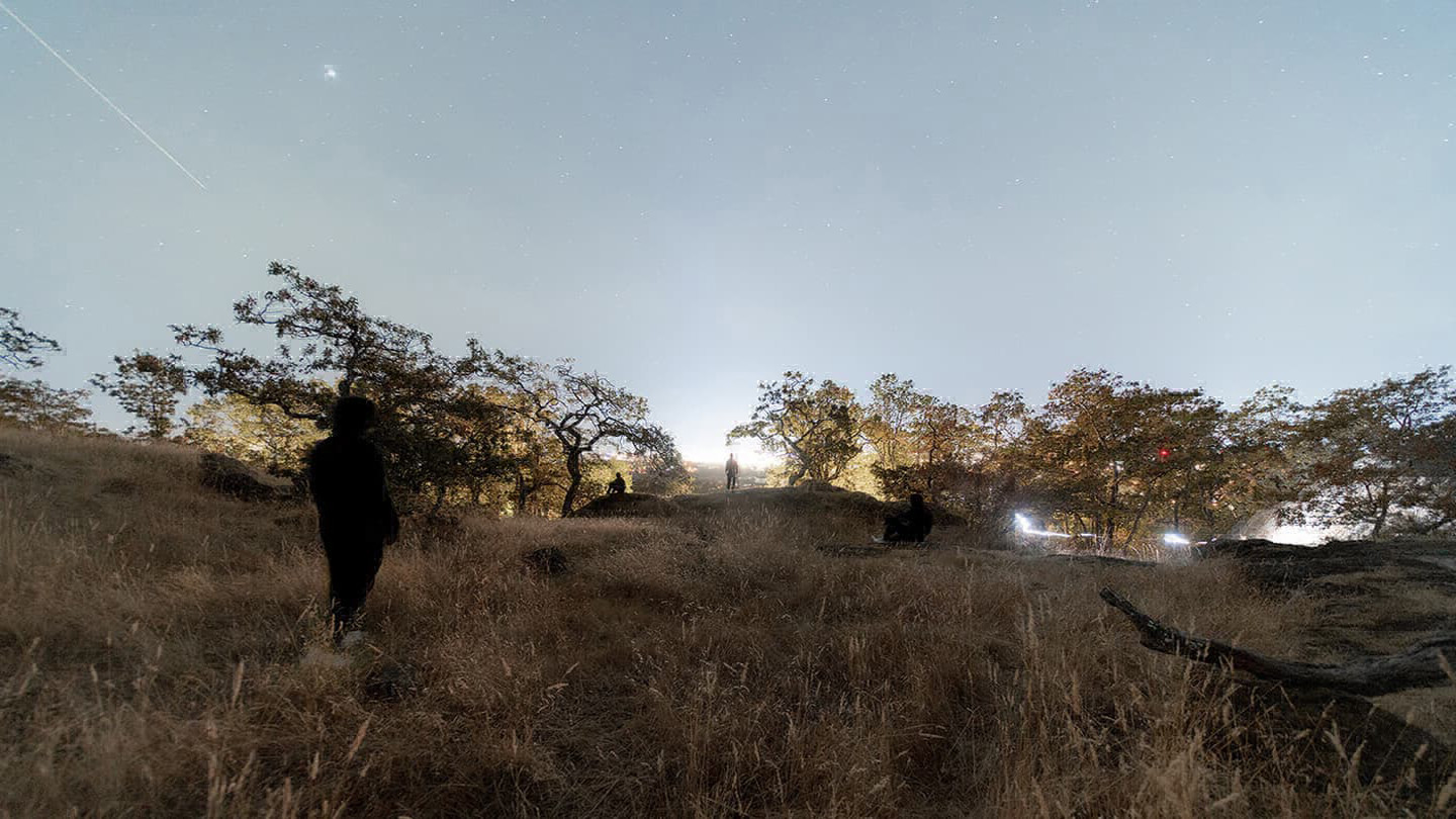 Over-exposed shot of the night sky atop a hill with a number of small Gary Oak trees on the skyline along with 2 figures. There is silhouetted figure with their back to the camera in the foreground. A number of stars are visible in a blue sky.