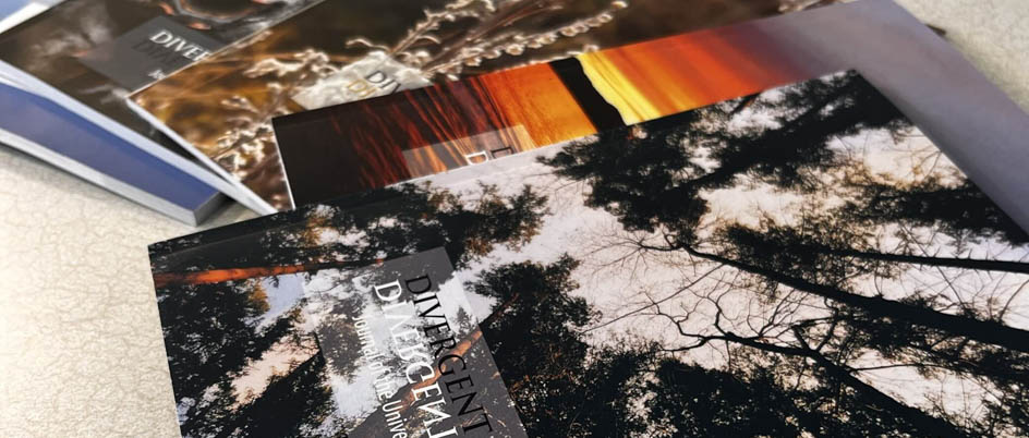 Several journals with the title "Divergent/Convergent" with different photos of nature spread out on a desk. These journals are published every year with students' writing.