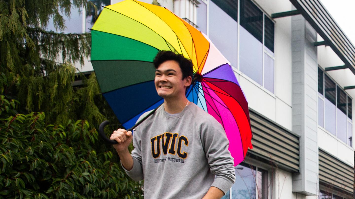 UVic student walking with an umbrella