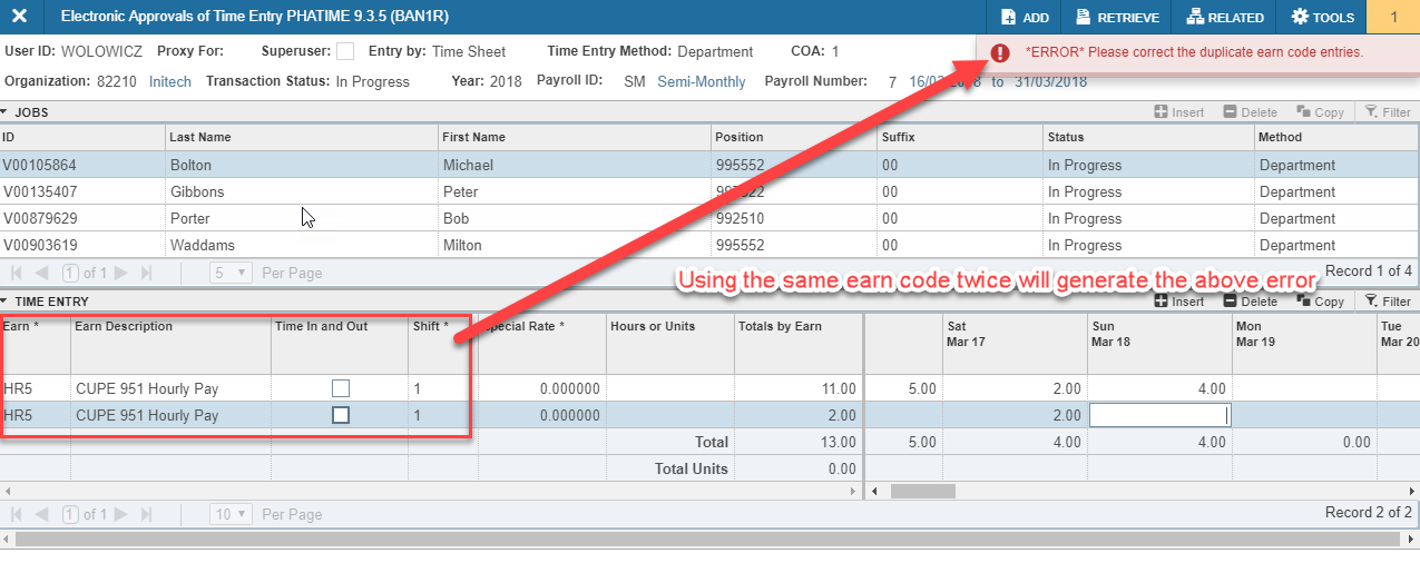 Two of the same earn code/shift number combination