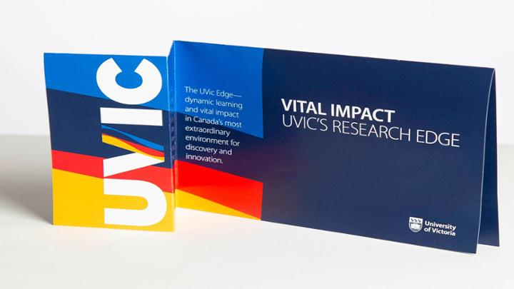 A z-fold business card showcasing the UVic Edge wordmark
