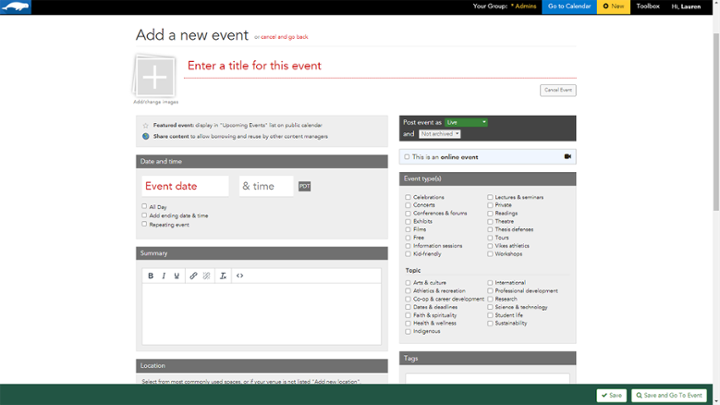 Screenshot showing the first section of options when adding a new event to LiveWhale.