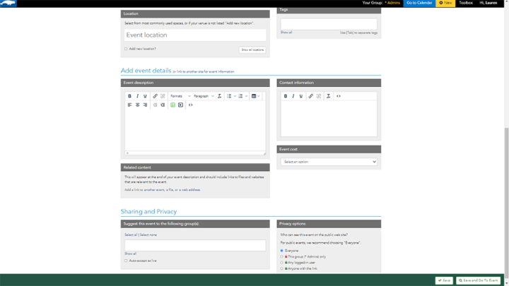 Screenshot showing the second section of options when adding a new event to LiveWhale.