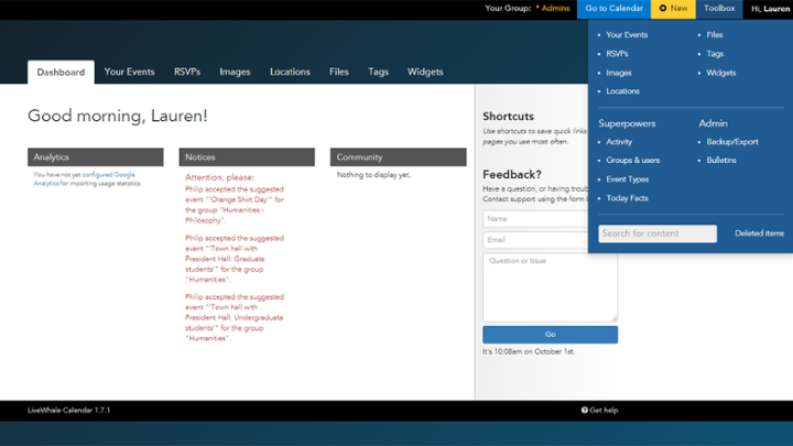 Screenshot showing the dashboard and toolbox areas in LiveWhale.