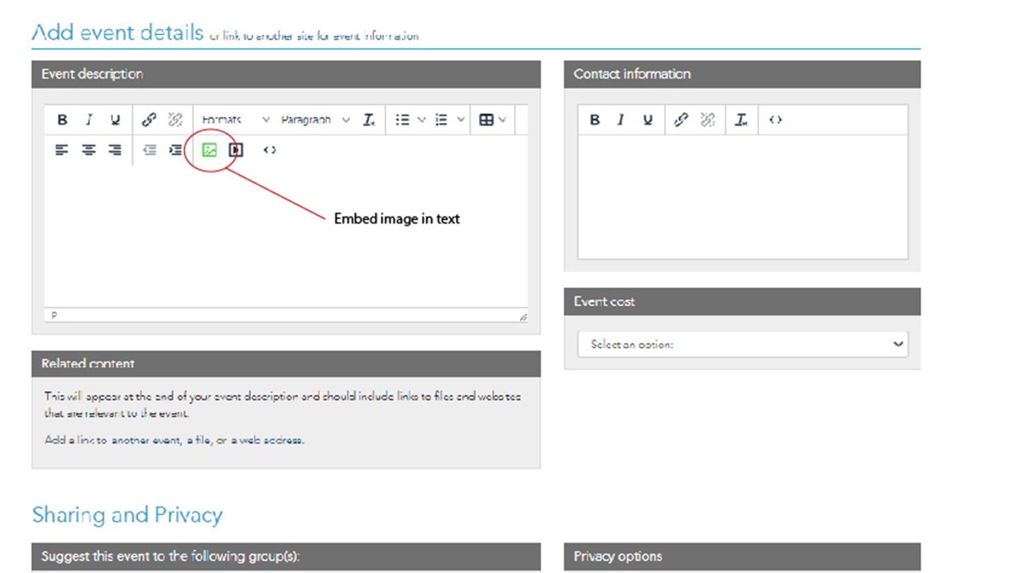 Image depicting how to embed an image within the body of you event description.