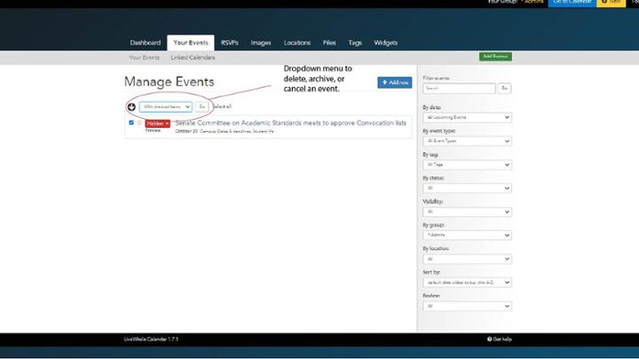 Image showing where to find the options to cancel, delete or archive events in LiveWhale.
