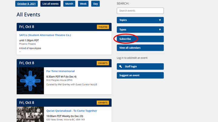Image showing how to subscribe to a LiveWhale calendar.
