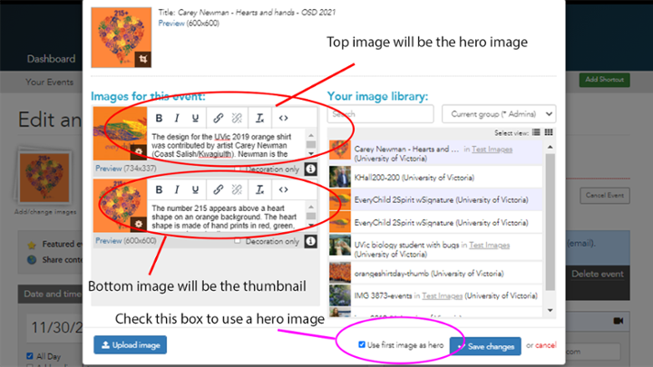 Screenshot showing how to select a hero image for your event.