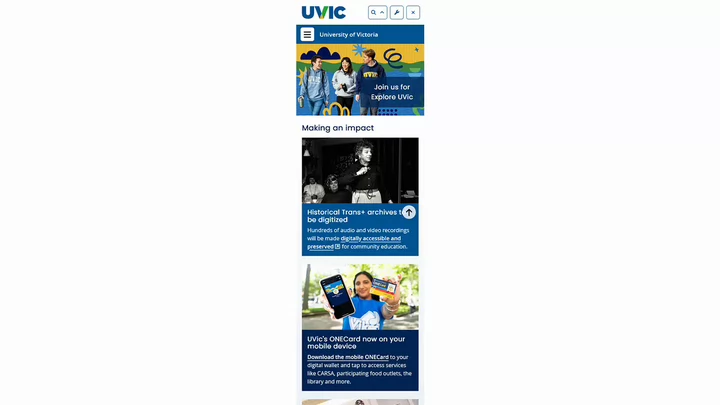 Screenshot of the UVic homepage on mobile