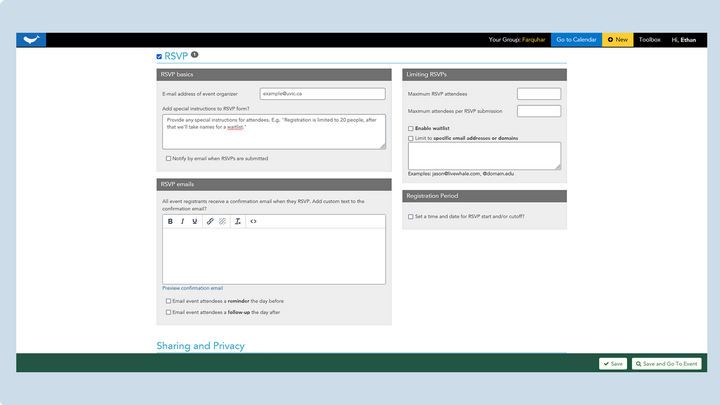 Screenshot of all RSVP fields in LiveWhale