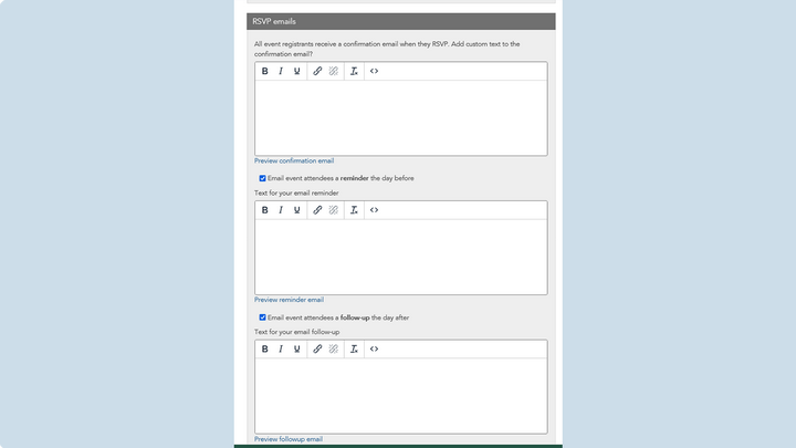 Screenshot of RSVP email options in LiveWhale