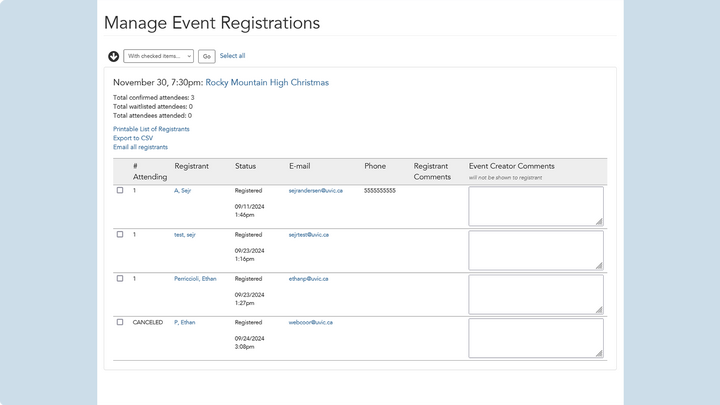 Screenshot of Manage Reservations screen in LiveWhale