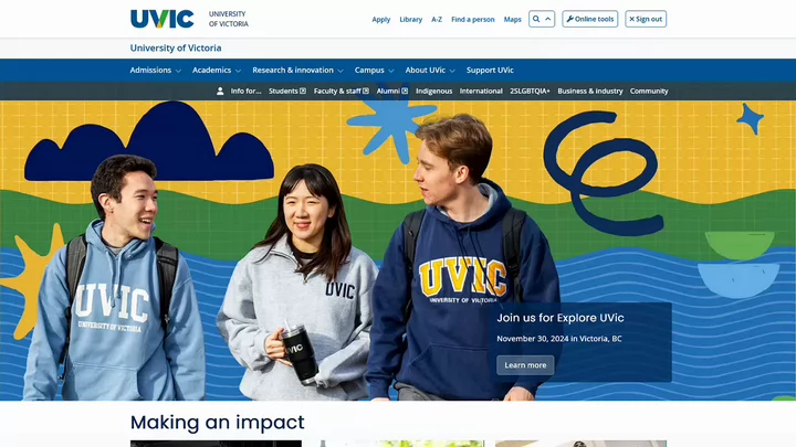 Screenshot of the new UVic homepage